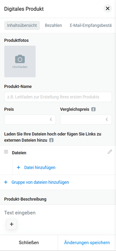 Seite zur Anpassung eines einzelnen digitalen Produkts mit Einstellungen für Bild, Name, Preis, Datei und Beschreibung