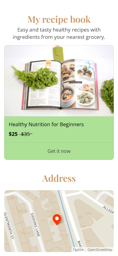 Bottom of a nutrition specialist’s website with a recipe book for sale