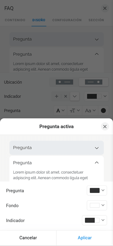 Parámetros de personalización de la pregunta activa en el bloque FAQ