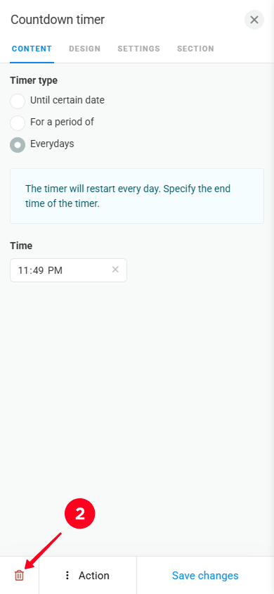 Tapping the trash icon on the Timer settings page in Taplink