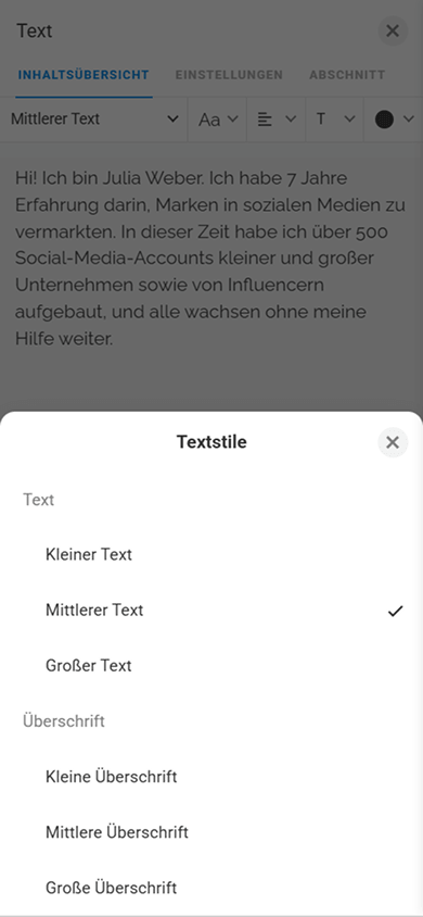 Fenster mit Stileinstellungen für den Block „Text“ in Taplink