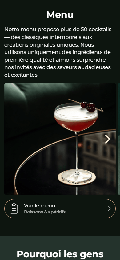 Partie centrale de l’exemple de page de link in bio d’un bar