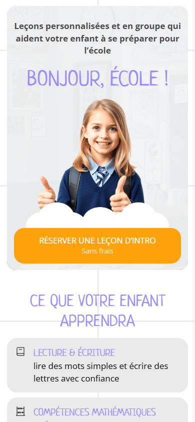 Partie supérieure de l’exemple de page de link in bio d’une école en ligne pour enfants