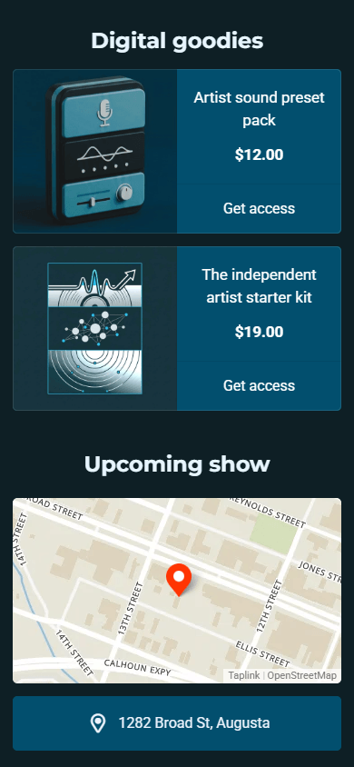 Bottom of a musician’s website with digital products and a venue map