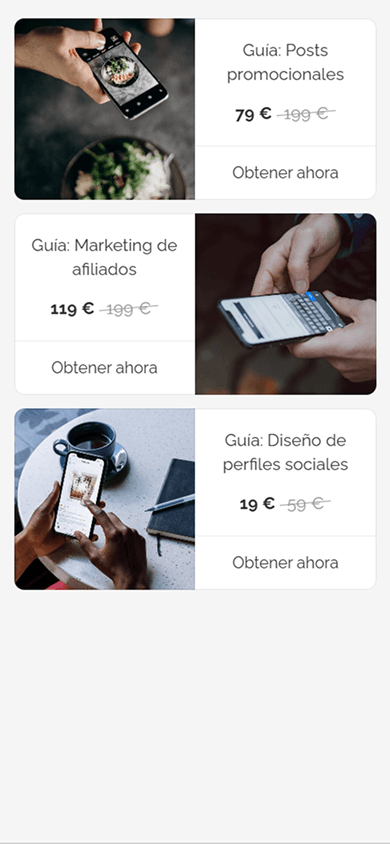 Tres bloques Productos digitales en una página de Taplink