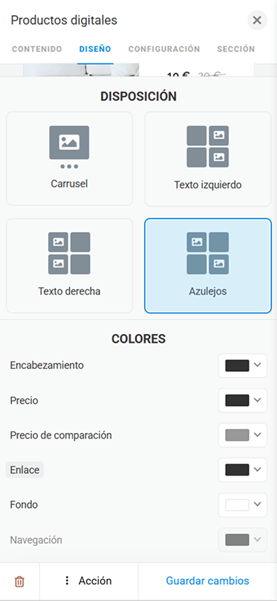 Opciones de personalización del diseño del bloque Productos digitales de Taplink