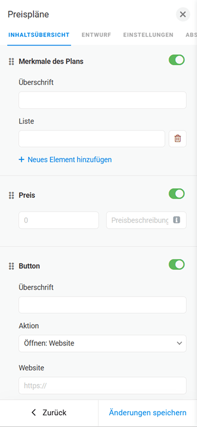 Seite zur Inhaltsanpassung eines Preisplans mit Feldern für enthaltene Leistungen und Preis sowie Button-Einstellungen