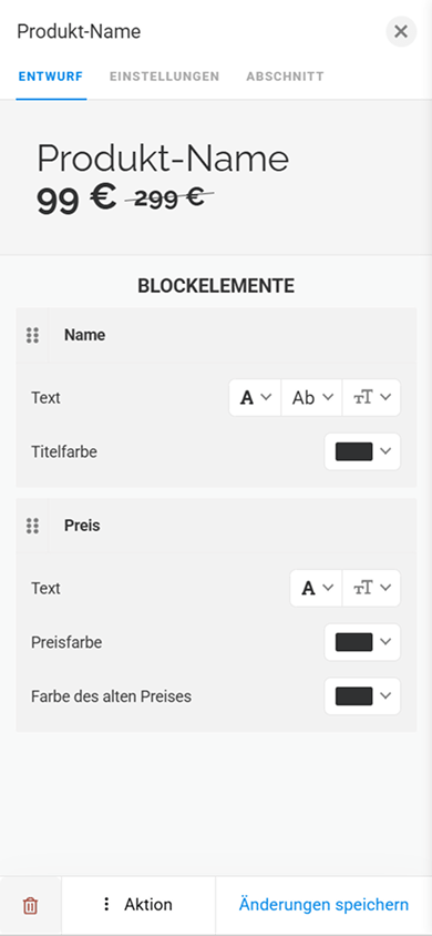 Designoptionen des Produktnamenblocks in den Einstellungen für das Aussehen des Blocks „Digitale Produkte“