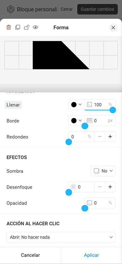 Configuración de los efectos y la acción al hacer clic del elemento Forma en el Bloque personalizado de Taplink