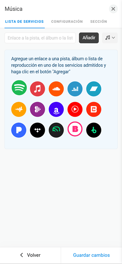 Lista de plataformas de música disponibles en Taplink