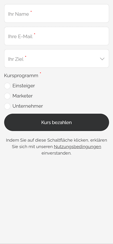 Ein Formular zur Bezahlung eines Kurses, erstellt mit dem Block „Formular und Zahlungen“ in Taplink