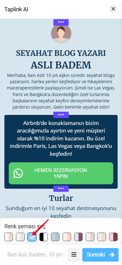 Taplink AI düzenleyicisinde oluşturulan bir sayfaya uygulanmış mavi renk şeması