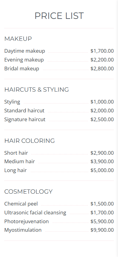 Middle of the link in bio page example of a beauty salon