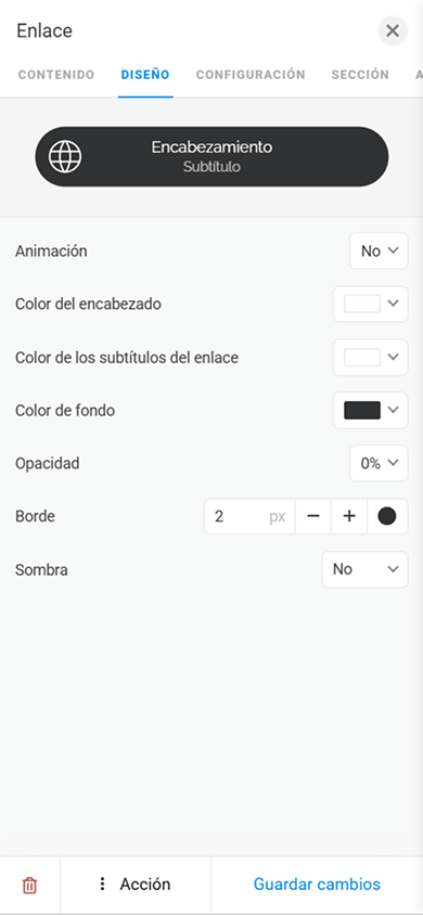 Configuración del diseño del bloque Enlace en Taplink