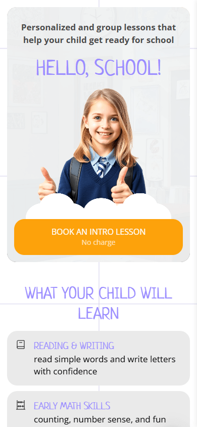 Top of the children’s online school link in bio page example