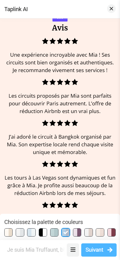 Une mise en page de la section Avis avec des icônes cinq étoiles et des témoignages clients