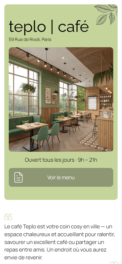 Partie supérieure de l’exemple de page de link in bio d’un café