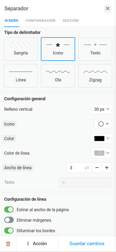 Página de configuración del bloque Separador en Taplink