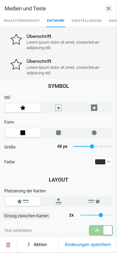 Tab zur Designanpassung mit Symbol- und Layouteinstellungen im Block „Medien und Texte“