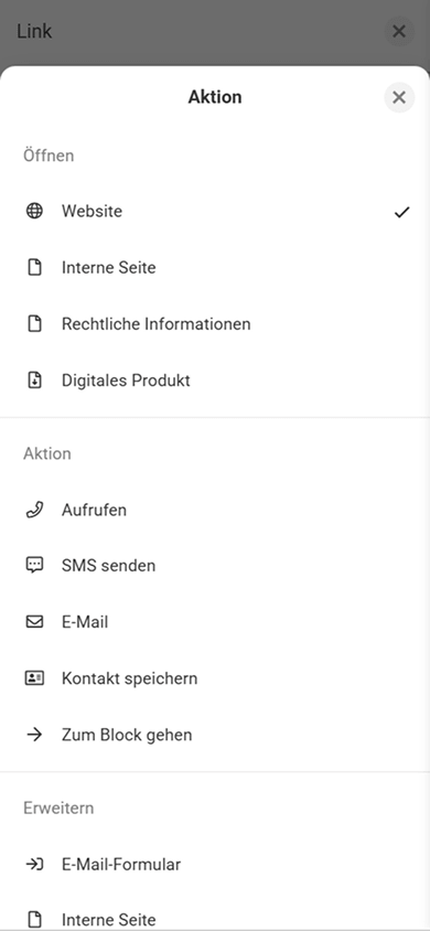 Fenster mit Einstellungen für die Klickaktion auf der Anpassungsseite des Blocks „Link“