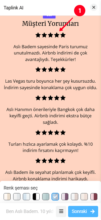 Taplink AI sayfa düzenleyicisinde Yorumlar bölümüne dokunma