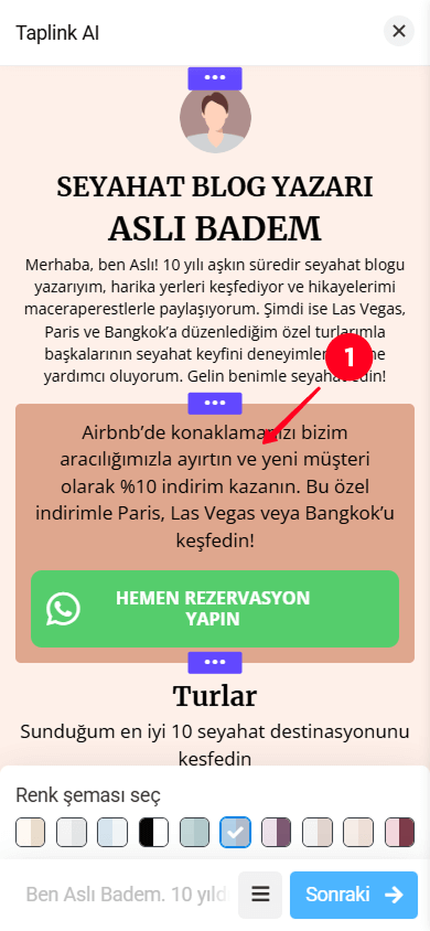 Taplink AI’da Benzersiz ticari teklif bölümüne dokunma