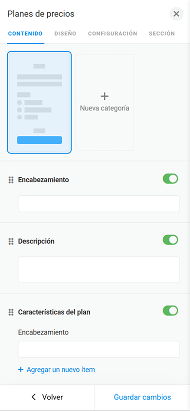 Página de personalización del contenido de un plan de precios, con la configuración del número de diapositiva y campos para el encabezado, la descripción y las características del plan