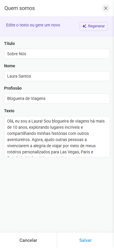 Uma janela de personalização da seção Quem somos na ferramenta de link in bio Taplink AI