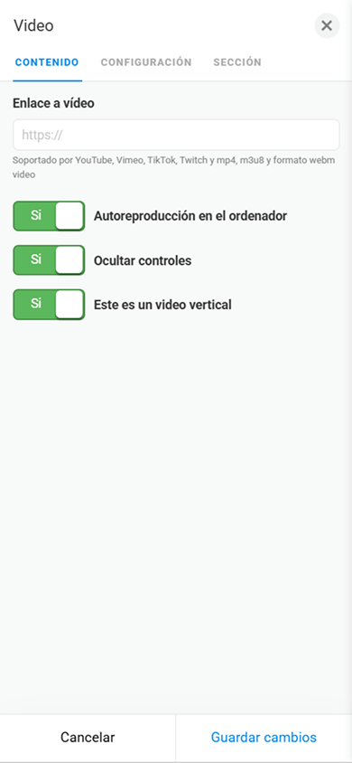 Página de configuración del bloque Video en Taplink