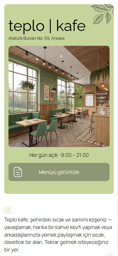 Bir kafenin bio link sayfası örneğinin üst kısmı