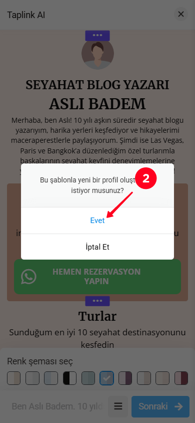 Taplink AI açılır penceresinde “Evet” seçeneğini seçme