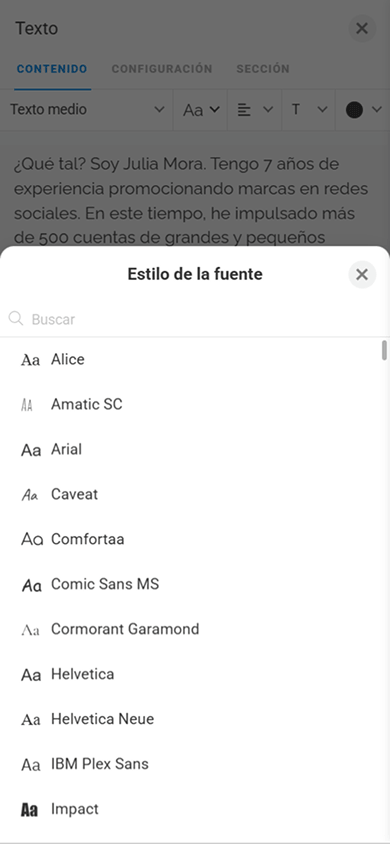 Ventana de configuración de la fuente del texto en el bloque Texto
