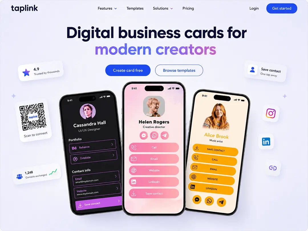 Digital business cards and text description on the Taplink homepage