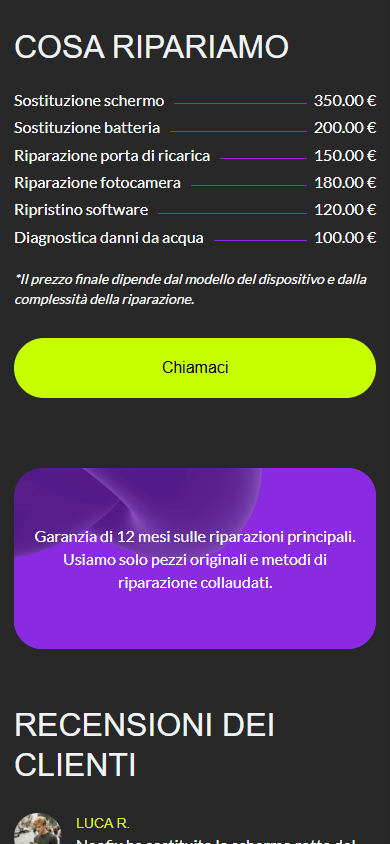 Parte centrale dell’esempio della pagina di link in bio di un servizio di riparazione telefoni