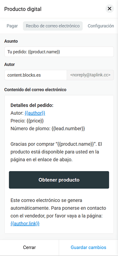 Pestaña de configuración del recibo por correo en el bloque Productos digitales