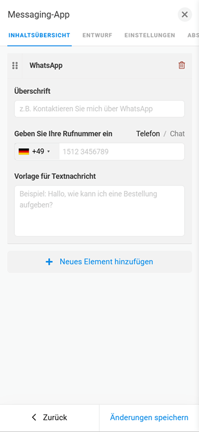 Inhaltseinstellungen eines Messaging-App-Buttons im Block „Messaging-App“