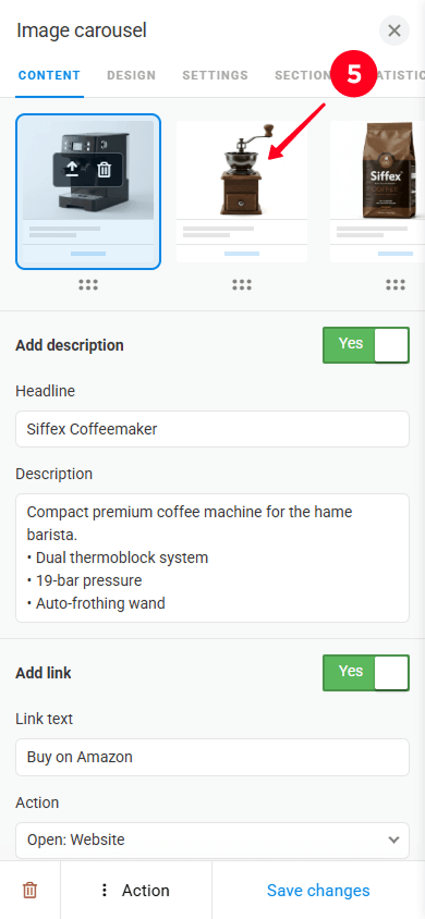 Tapping another Amazon product image in the Image carousel settings in Taplink